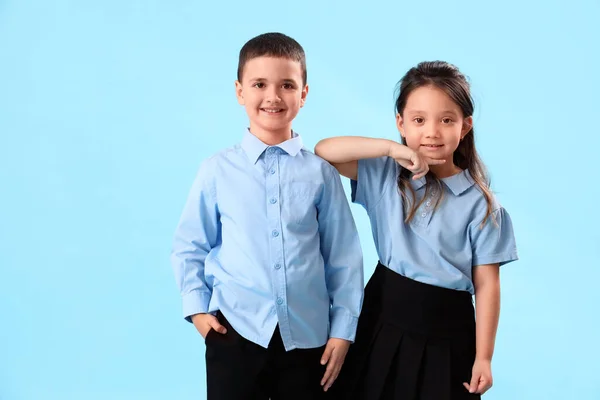 Little Schoolchildren Light Blue Background — Stock Photo, Image