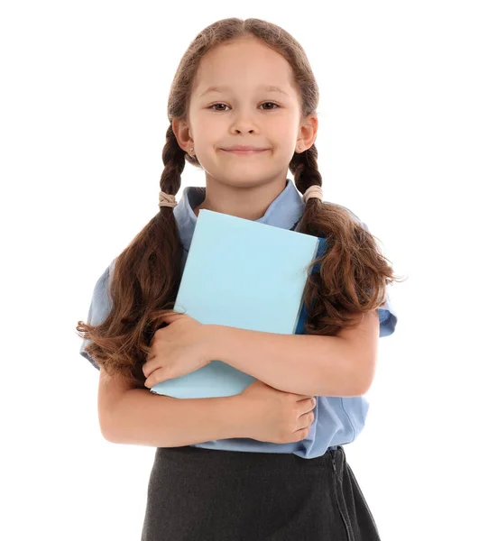 Kleine Schülerin Mit Buch Auf Weißem Hintergrund — Stockfoto