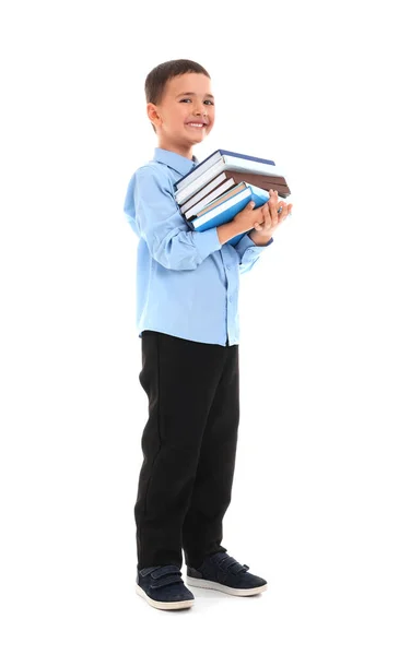 Kleiner Schuljunge Mit Büchern Auf Weißem Hintergrund — Stockfoto