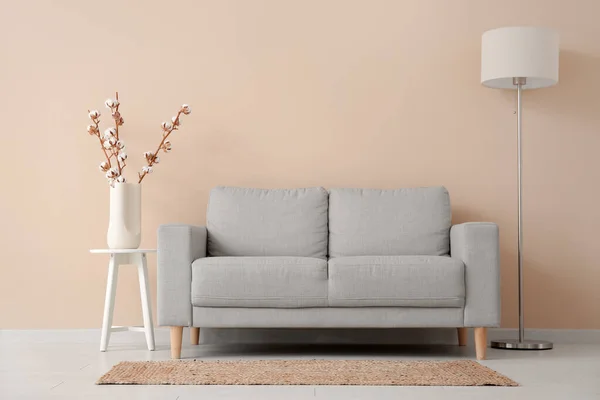 Interior Living Room Sofa Lamp Cotton Branches — Stock Photo, Image