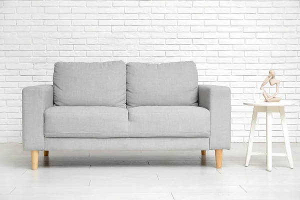 Interior Living Room Sofa Table White Brick Wall — Stock Photo, Image