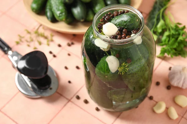 Jar Fresh Cucumbers Preservation Beige Tile Background — Stock Photo, Image