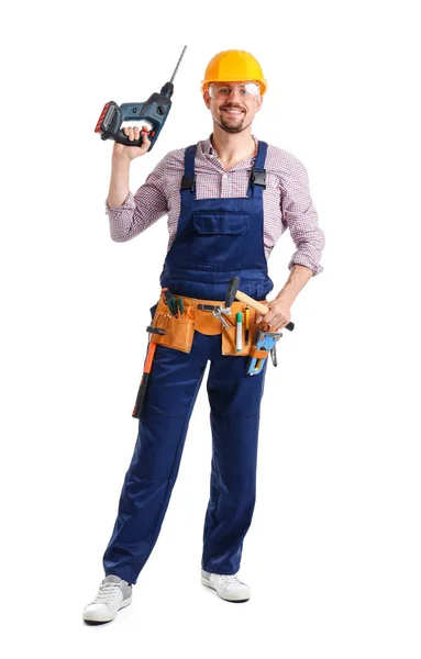 Männlicher Bauarbeiter Mit Bohrer Auf Weißem Hintergrund — Stockfoto