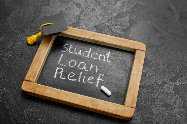 Chalkboard Text Student Loan Relief Graduation Cap Black Background — Stock Photo, Image
