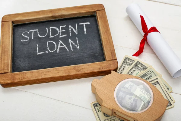 Chalkboard Text Student Loan Diploma Piggy Bank Dollar Banknotes White — Stock Photo, Image