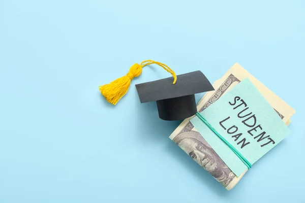 Dollar Banknotes Graduation Cap Sticky Note Text Student Loan Blue — Stock Photo, Image