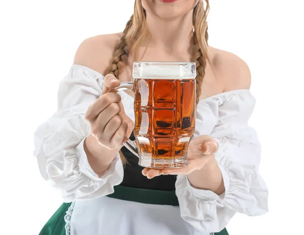 Mooie Oktober Serveerster Met Bier Witte Achtergrond Close — Stockfoto