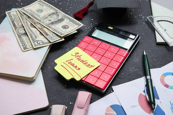 Sticky Note Text Student Loans Calculator Dollar Banknotes Black Table — Stock Photo, Image