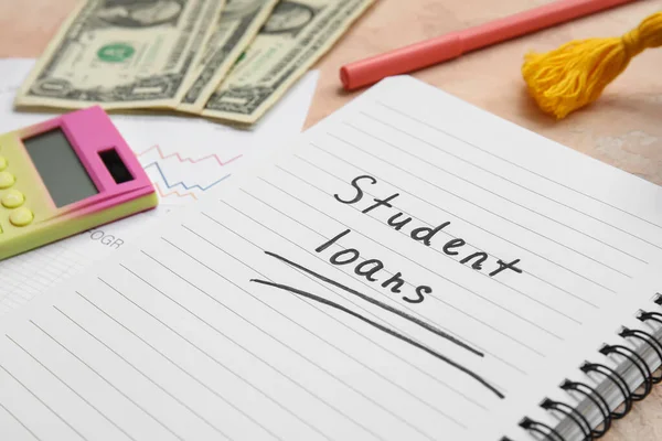 Notebook Text Student Loans Dollar Banknotes Stationery Beige Table — Stock Photo, Image