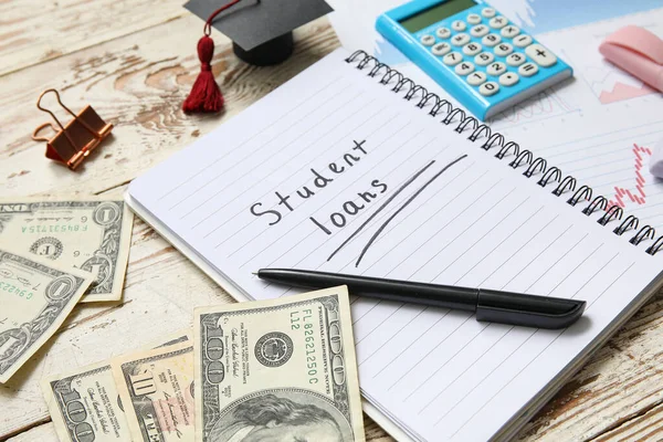 Notebook Text Student Loans Calculator Pen Dollar Banknotes Stationery White — Stock Photo, Image