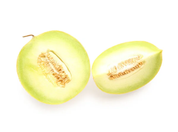 Hälften Söt Melon Med Bit Vit Bakgrund — Stockfoto