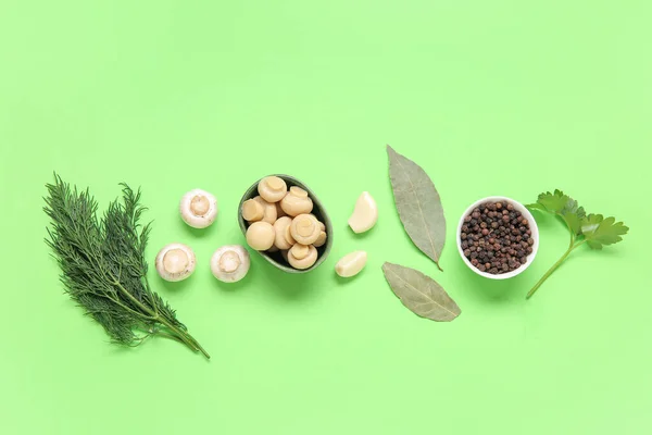 Bowl Canned Mushrooms Ingredients Preservation Green Background — Stock Photo, Image