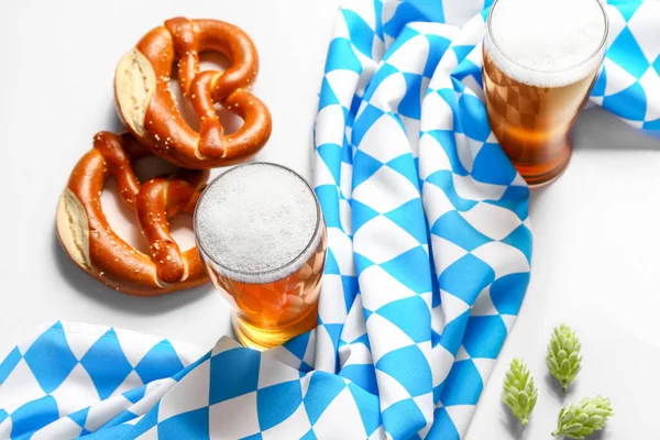 Flag Bavaria Mugs Beer Pretzels White Background — Stock Photo, Image