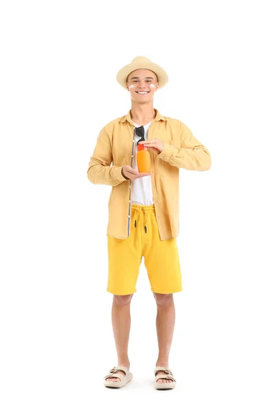 Glücklicher Junger Mann Mit Einer Flasche Sonnencreme Auf Weißem Hintergrund — Stockfoto