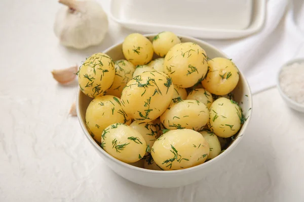 Bowl Boiled Baby Potatoes Light Background — Stock Photo, Image