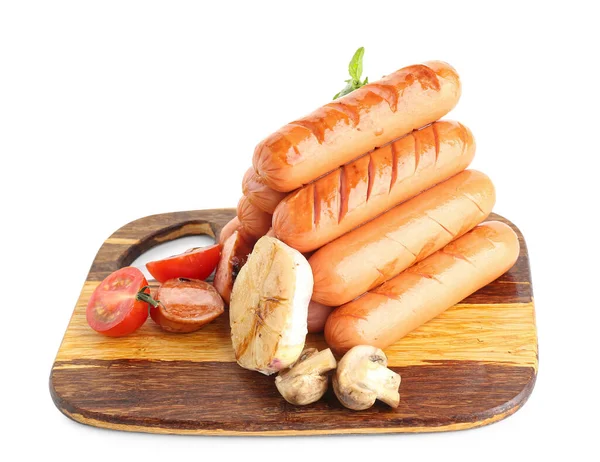 Wooden Board Tasty Grilled Sausages Isolated White Background — Stock Photo, Image