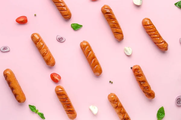 Tasty Grilled Sausages Pink Background — Stock Photo, Image