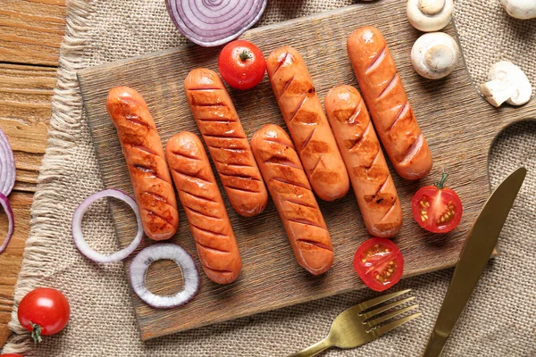 Wooden Board Tasty Grilled Sausages Table — Stock Photo, Image