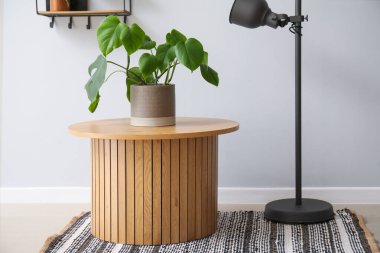 Ev bitkisi ve gri duvarın yanında standart lamba bulunan ahşap bir sehpa.