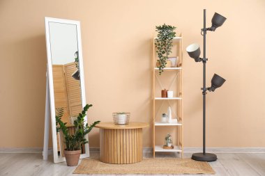 Kahve masası, ayna, lamba, ev bitkisi ve bej duvarın yanındaki raf ünitesi.