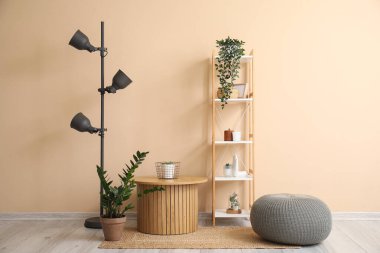 Kahve masası, lamba, ev bitkisi ve bej duvarın yanındaki raf ünitesi.