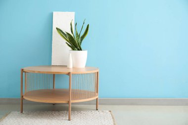 Mavi duvarın yanındaki çiçekli kahve masası.