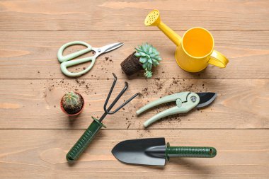 Ahşap arka planda bahçe aletleri ve bitkiler.