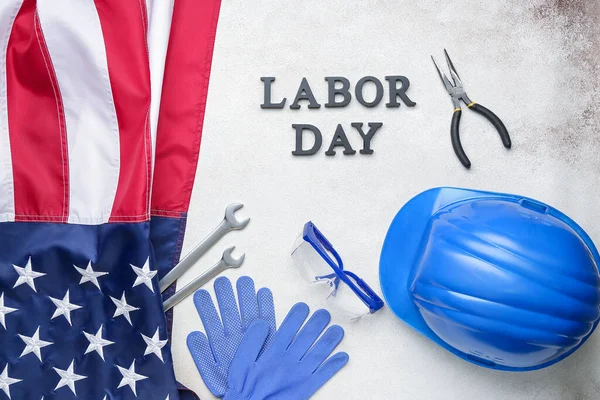 Bandera Estados Unidos Equipo Protección Herramientas Texto Labor Day Sobre — Foto de Stock
