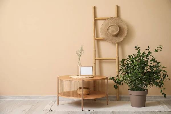 白枠付きの木製コーヒーテーブルとベージュの壁の近くの観葉植物 — ストック写真