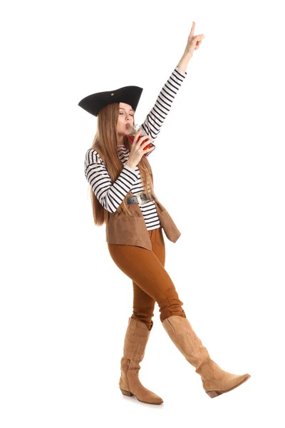 Mooie Vrouwelijke Piraat Met Fles Rum Witte Achtergrond — Stockfoto