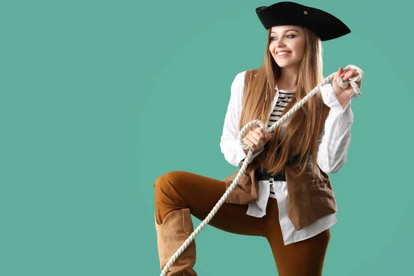 Beautiful Female Pirate Rope Green Background — Stock Photo, Image