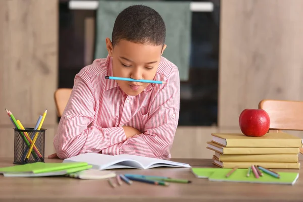 Funny Little African American Boy Doing Homework Kitchen — Stock Photo, Image