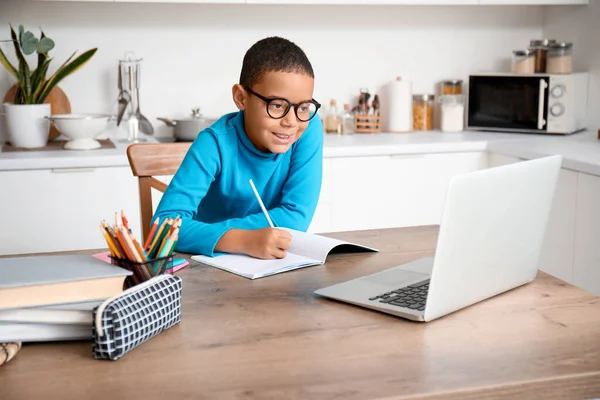 Little African American Boy Studying Online Laptop Kitchen — Stock Photo, Image