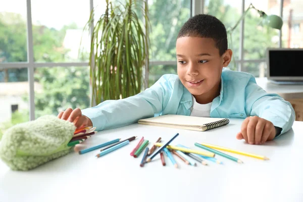 Little African American Boy Pencil Case Home — Stock Photo, Image