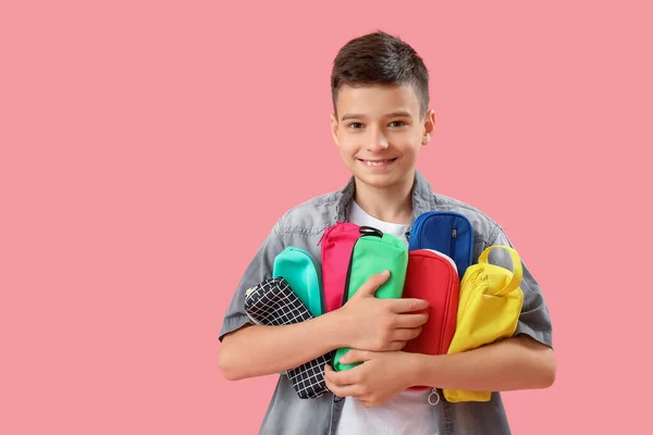 Little Boy Pencil Cases Pink Background — Stock Photo, Image