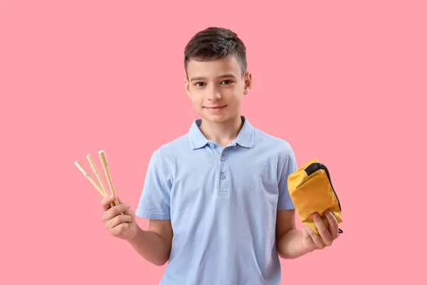 Little Schoolboy Pencil Case Pink Background — Stock Photo, Image