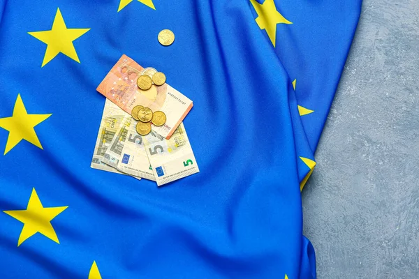 Banknotes Coins European Union Flag Blue Background — Stock Photo, Image