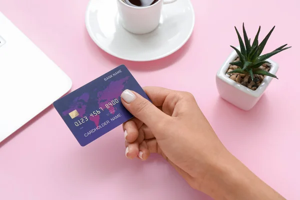 Female Hand Credit Card Cup Coffee Pink Background — Stock Photo, Image