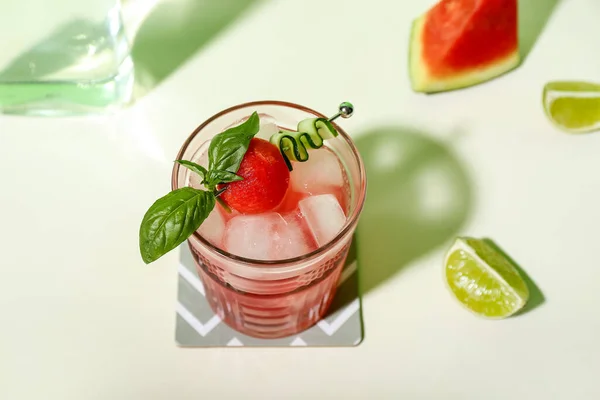 Glass Tasty Watermelon Cocktail Mint Lime White Background — Stock Photo, Image
