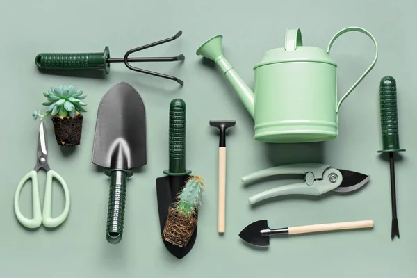 Kertészeti Eszközök Készlete Zöld Alapon — Stock Fotó
