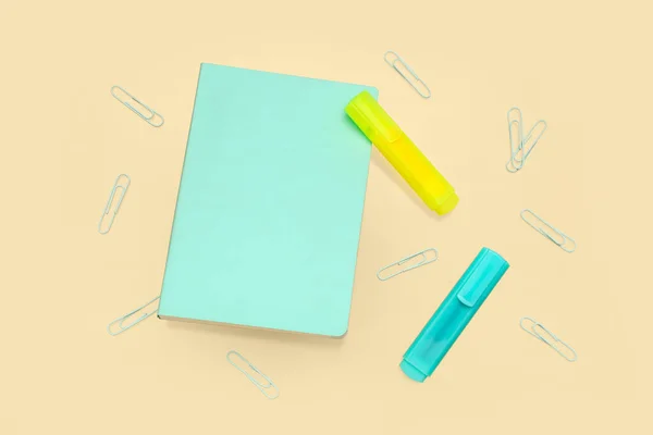 Notebook Different Stationery Pale Yellow Background — Stock Photo, Image