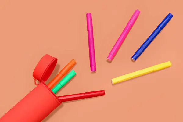 Different Colorful Markers Case Orange Background — Stock Photo, Image