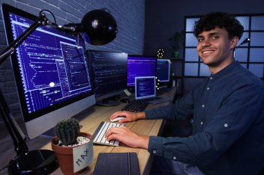Erkek programcı geceleri ofiste bilgisayarla çalışıyor.