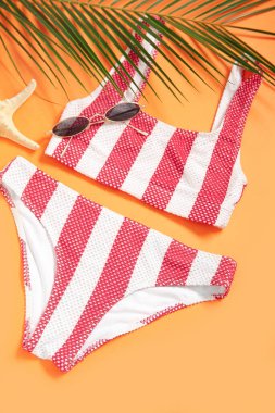 Çizgili mayo, güneş gözlüğü ve arka planda palmiye yaprağı, yakın plan.