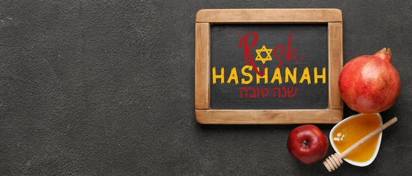 Baner Rosz Hashanah Żydowski Nowy Rok Tablicą Symbolami — Zdjęcie stockowe