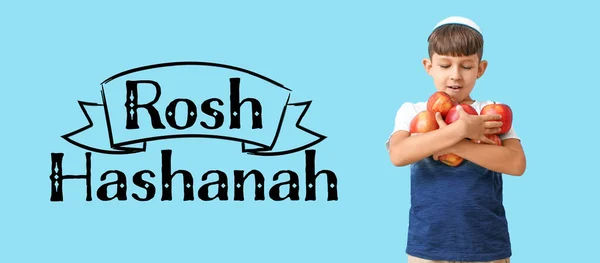 Baner Rosz Hashanah Żydowski Nowy Rok Małym Chłopcem Trzymającym Jabłka — Zdjęcie stockowe