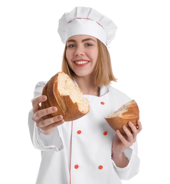 Female Baker Fresh Bread White Background — Foto Stock