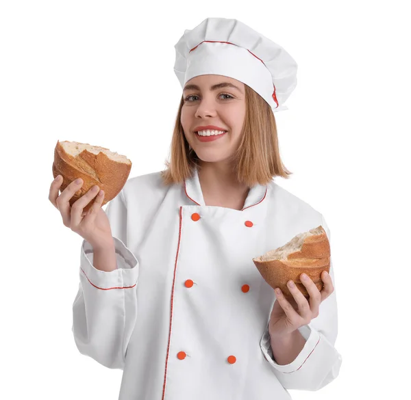 Boulanger Femelle Avec Pain Frais Sur Fond Blanc — Photo