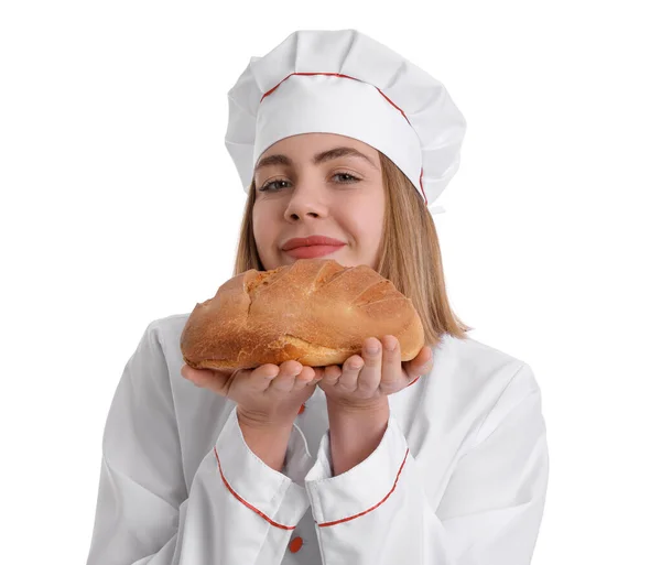 Vrouwelijke Bakker Met Vers Brood Witte Achtergrond Close — Stockfoto