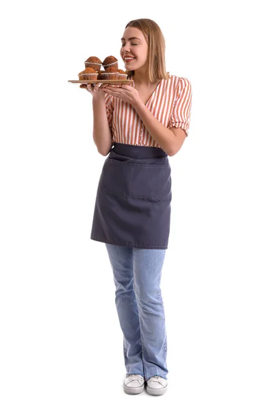 Vrouwelijke Bakker Met Dienblad Van Smakelijke Cupcakes Witte Achtergrond — Stockfoto